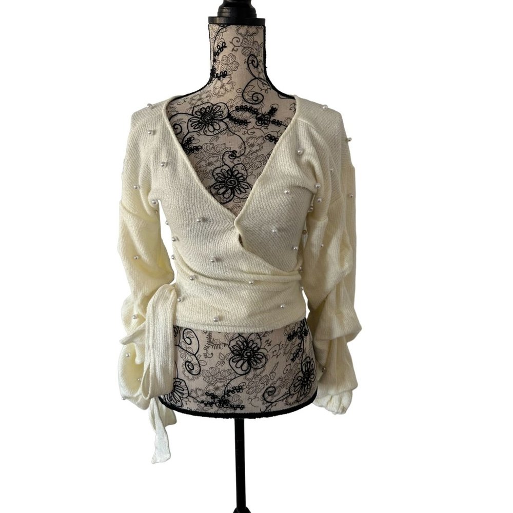 FASHION NOVA Cream Pearl Wrap Top Size M